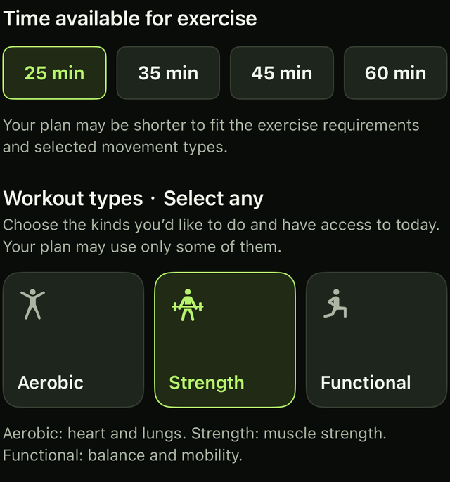 Training conditions · Up to 25 minutes, strength selected