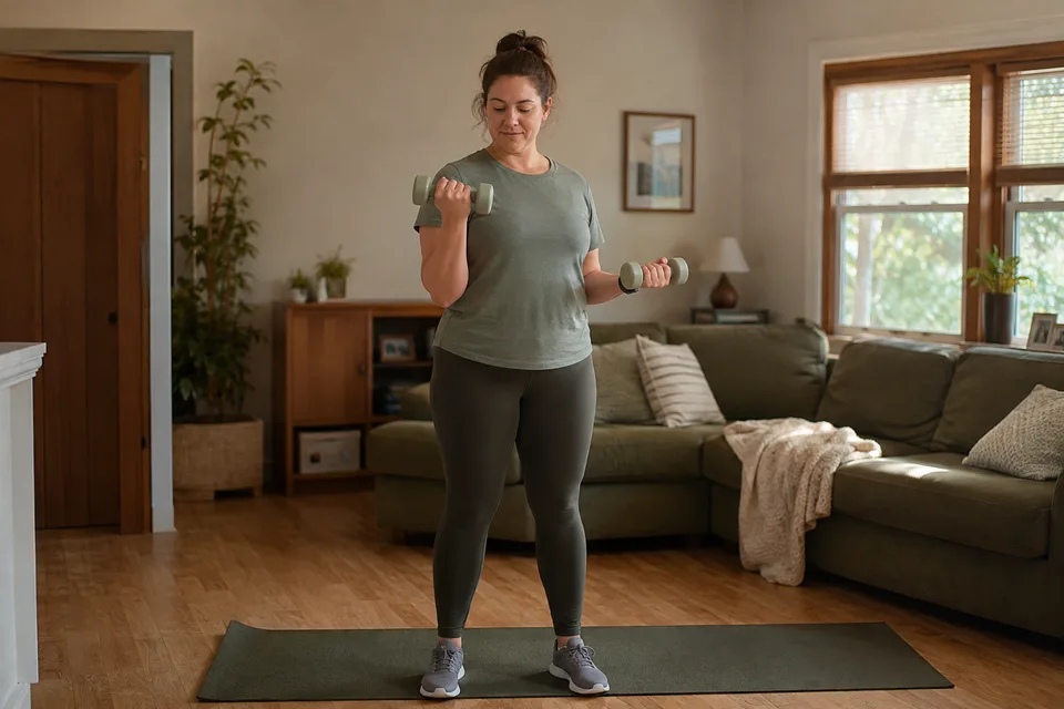 A woman exercising with dumbbells on a mat at home.