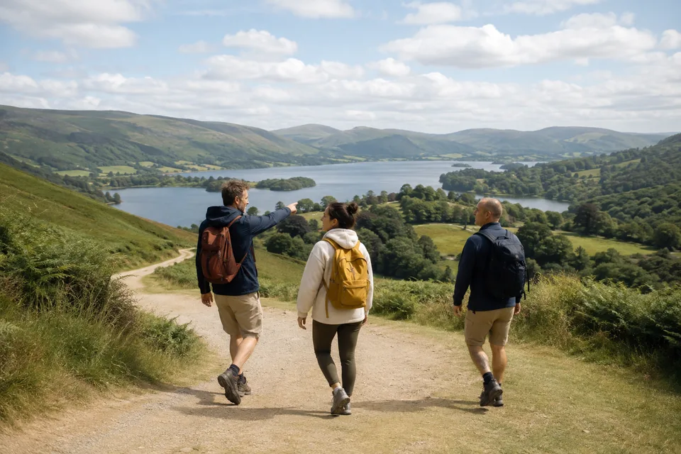 Three friends exploring a hillside trail overlooking a lake.